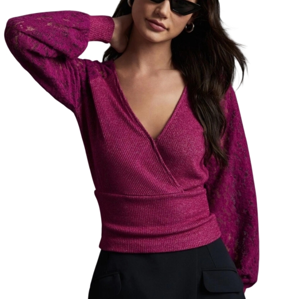 Anthropologie Lace Sleeve Sweater Top Women Large Plume Surplice Lightweight